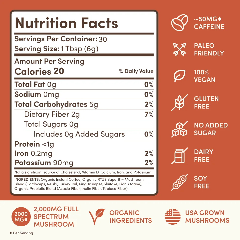RYZE nutrition facts: 20 calories, no added sugar, 2,000mg full spectrum mushrooms, paleo friendly, vegan, gluten free, dairy free and soy free